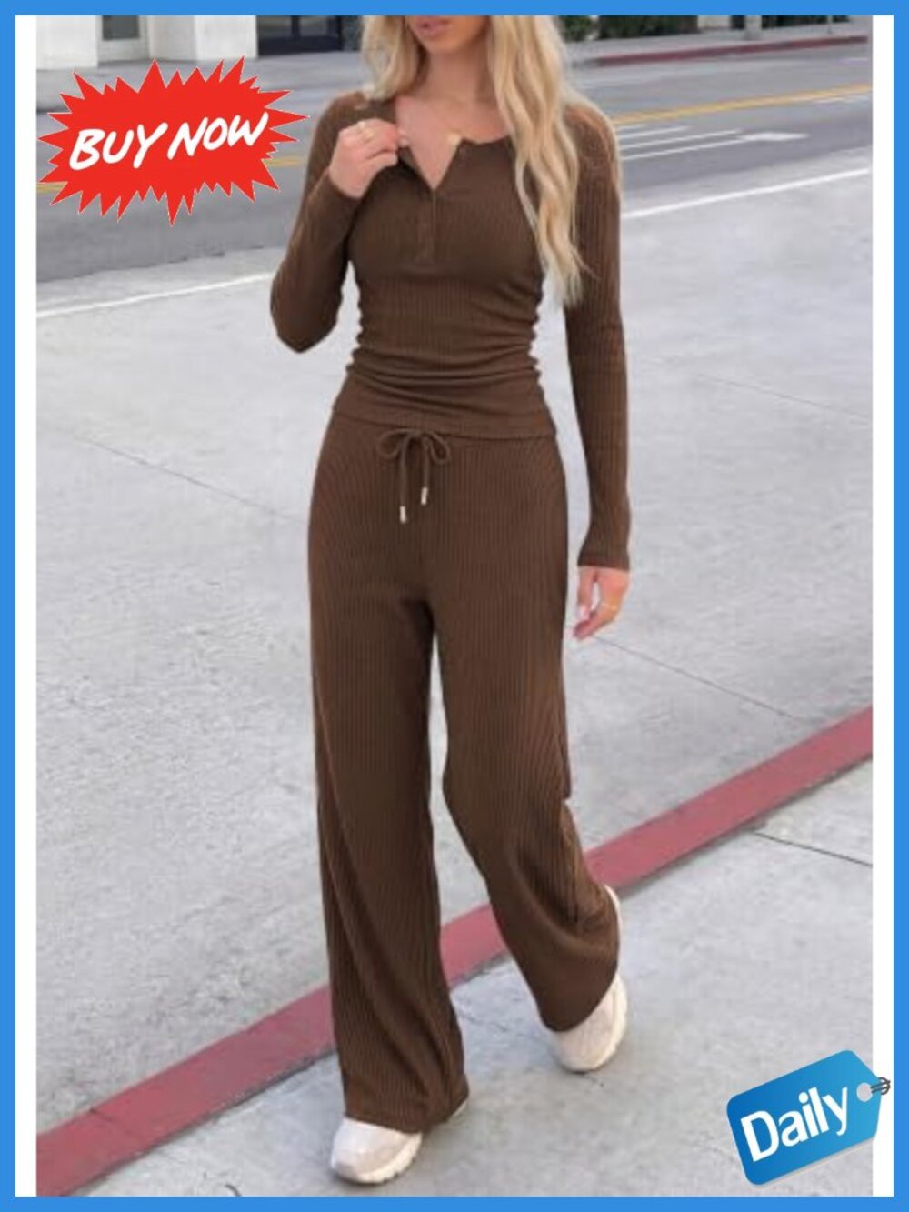 Ribbed Knit 2 Piece Lounge Set Long Sleeve Henley & Wide Leg Pants - Picture 2 of 6